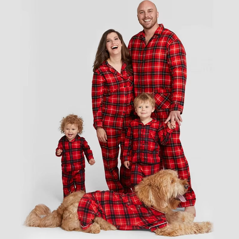 Christmas Family Matching Pajamas Plaid Cotton Mother Father Baby Kids and Dog Family Matching Clothes