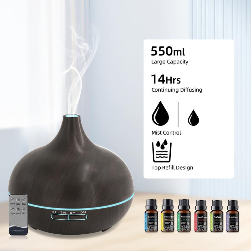 550Ml Wood Grain Essential Oil & Air , Ultrasonic Aroma with 7 Color LED Lights for Stress Relief,Better Sleep & Spa Relaxation, Air Purifier (Includes 6 Premium Oils & Remote) Fragrance Aroma Fragrance Home Humidifiers Diffuser Addict Timer
