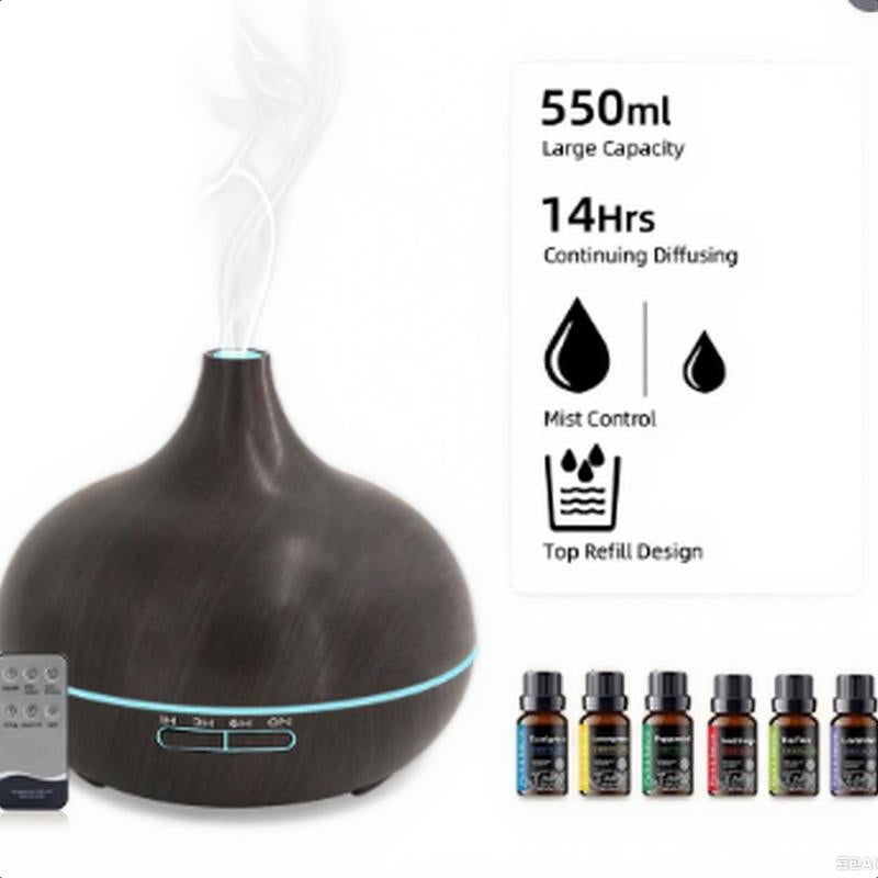 550Ml Wood Grain Essential Oil & Air , Ultrasonic Aroma with 7 Color LED Lights for Stress Relief,Better Sleep & Spa Relaxation, Air Purifier (Includes 6 Premium Oils & Remote) Fragrance Aroma Fragrance Home Humidifiers Diffuser Addict Timer