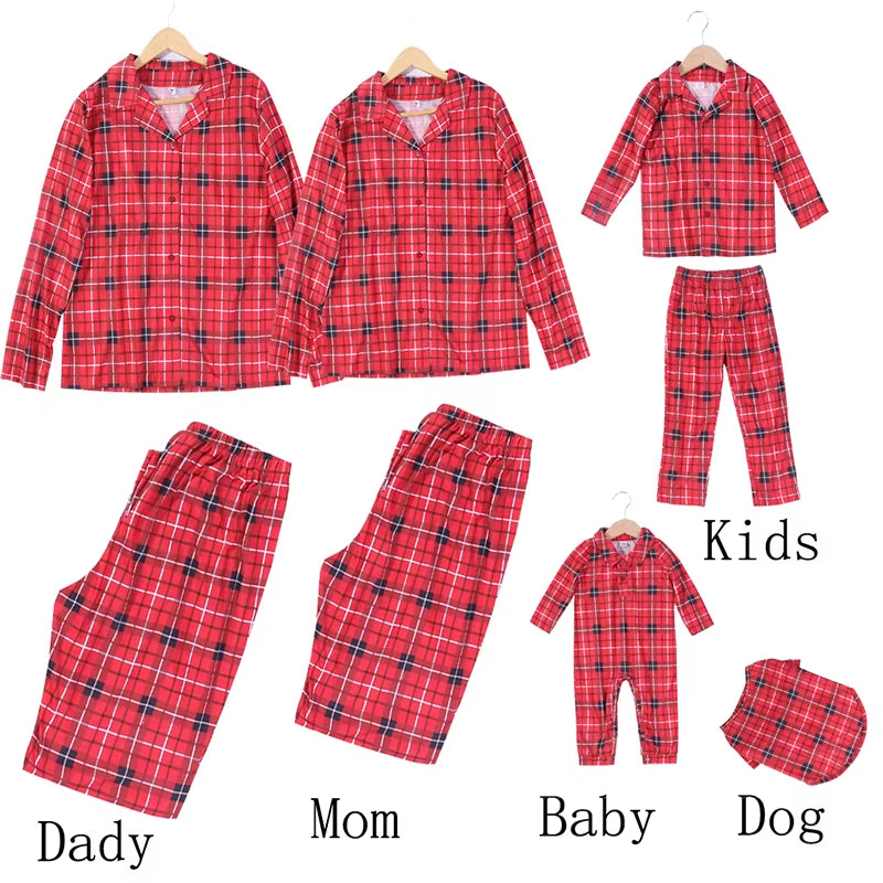 Christmas Family Matching Pajamas Plaid Cotton Mother Father Baby Kids and Dog Family Matching Clothes